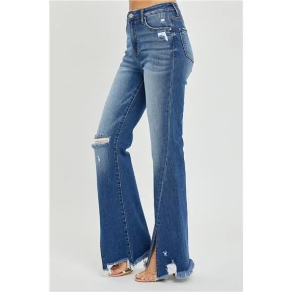 NWT RISEN High Rise Front Slit Frayed Hem Flare Jeans, Some Stretch, Distressed - Picture 3 of 6